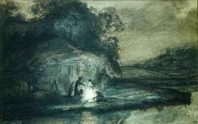 Nocturnal landscape with a river and shepherds