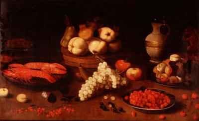 Still life with fruit crayfish and a squirrel