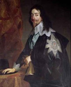 Portrait of King Charles I wearing the order of the garter with a dog by his side