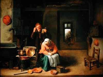 Kitchen Interior with a Man Drinking and a Woman Spinning Wool