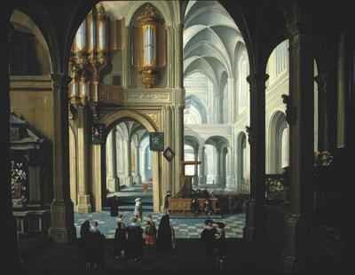 Interior of a Church with a Sermon and Christening Party in Progress