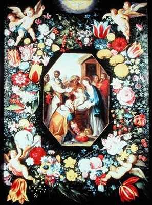 Adoration of the Magi framed in a garland of flowers