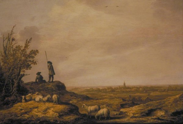 Panoramic Landscape with Shepherds Sheep and a Town Beverwijk in the Distance