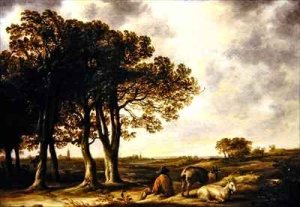 Goatherd in lanscape a distant view of Amsterdam