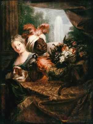 Young Black Man Holding a Basket of Fruit and a Young Girl Stroking a Dog