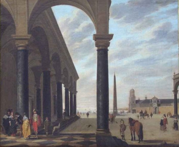 Portico Facing a Square with Obelisk and Figures