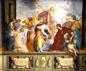 Lorenzo de Medici and Apollo welcome the muses and virtues to Florence