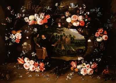 Garland of Flowers Encircling a Medallion Representing Nicolas de Man in front of his Property at Antwerp