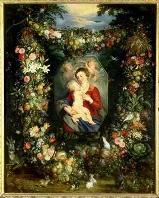 The Virgin and child in a garland of fruit and flowers