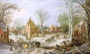 A wooded winter landscape with a cart