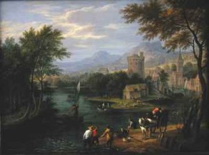 River valley landscape with travellers and fishermen