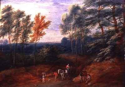 A Wooded Landscape with Travellers in a Haycart