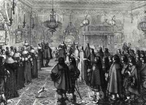 Ceremony passing the marriage contract of Wladyslaw IV (1595-1648) and Maria Ludwiga Gonzaga (1611-67) at Fontainebleau