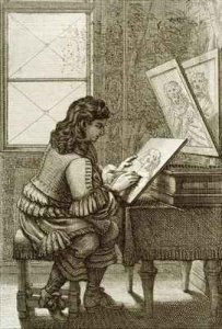 An artist copying onto an engraving plate