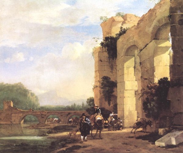 Italian Landscape With The Ruins Of A Roman Bridge And Aqueduct