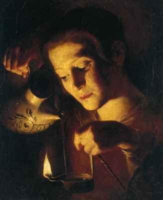 Girl pouring oil into a lamp