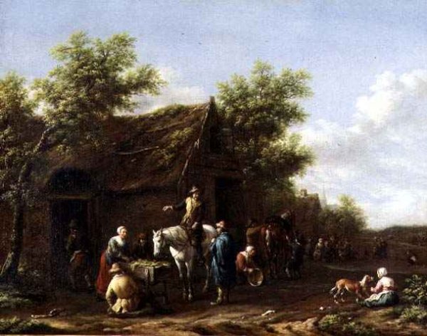 Travellers resting their horses by a barn