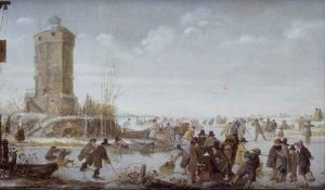 Skaters and elegant figures with horse-drawn sleighs on a frozen river by a tower