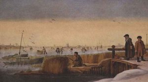 Winter Landscape with Figures on a Bridge, a Hunter and Skaters