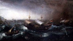 Dutch Merchant Vessels and a Smalschip Accompanied by Dolphins in Heavy Seas