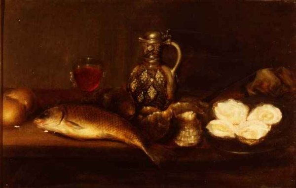 A breakfast still life with a stoneware jug, fish and oysters