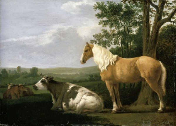 A Horse And Cows In A Landscape