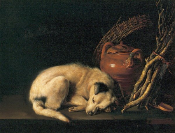 Sleeping Dog With Terracotta Jug  Basket And Kindling Wood