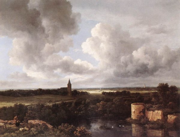 An Extensive Landscape with a Ruined Castle and a Village Church 1665-72