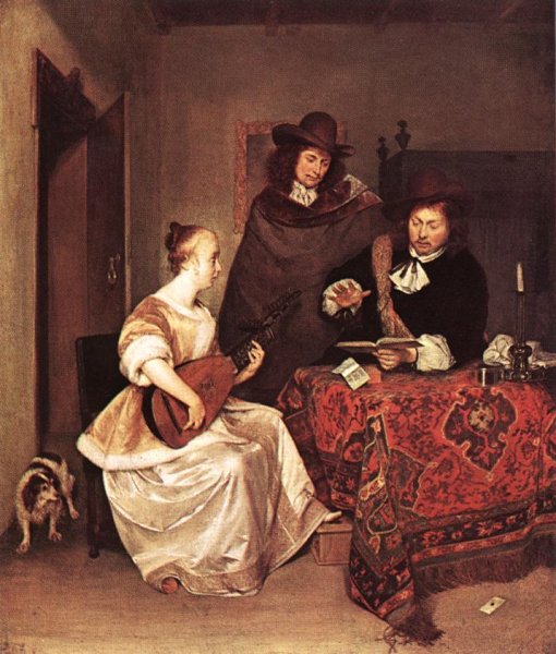 A Young Woman Playing a Theorbo to Two Men 1667-68