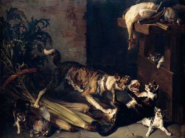 A Dog and a Cat Fighting in a Kitchen Interior 1710