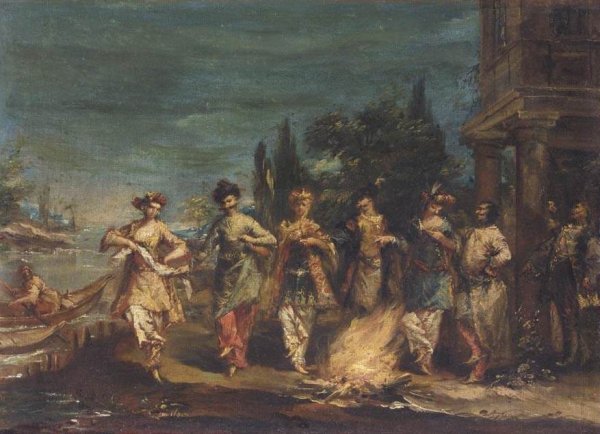 Three Couples in Exotic Dress Dancing in front of a Fire 1742-43