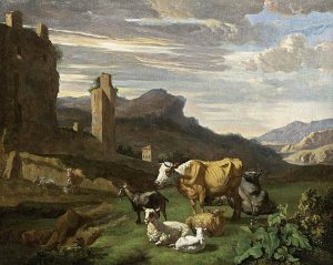 A Goat, Sheep and a Dog Resting in a Landscape