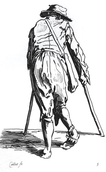 Beggar on his crutches, from behind