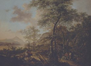 An Italianate evening landscape with a muleteer and goatherds on wooded path, a river and mountains beyond