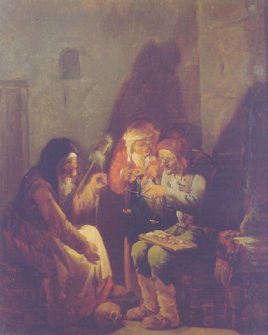 A Vanitas- An old man seated on a barrel weighing gold, an old peasant and a fortune-teller holding a candle, in a barn