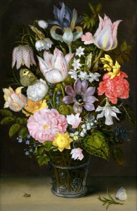 Still life of a bouquet of flowers including variegated tulips, bluebells, forget-me-nots and lily-of-the-valley (2)