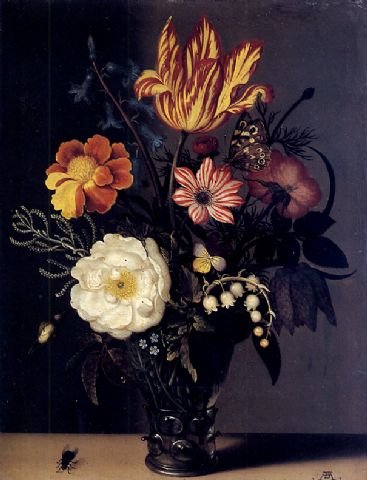 Nature morte au bouquet de roses, tulips et muguet dans un verre roemer