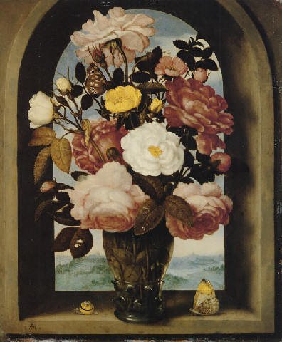 A still life of roses in a berkemeijer glass, with butterflies and a snail, in an arched stone window with a landscape beyond