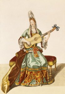 Lady of Quality Playing the Guitar, fashion plate, c.1695