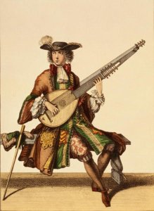 Gentleman Playing the Angelica, fashion plate, c.1695