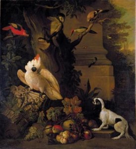 Still life with parrots, a jay, a woodpecker and a finch, together with a spaniel and various fruits in a parkland setting