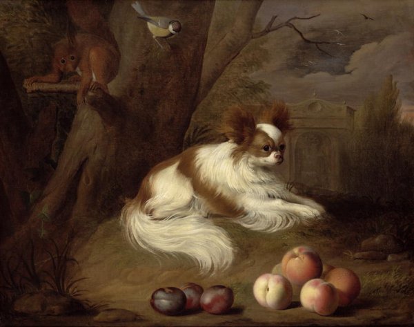 A Spaniel by a Tree with a Squirrel and a Blue-tit