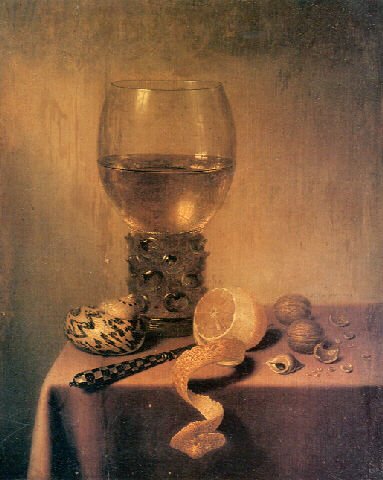 A roemer, two shells, a peeledlemon, a knife and walnuts on a Draped Table