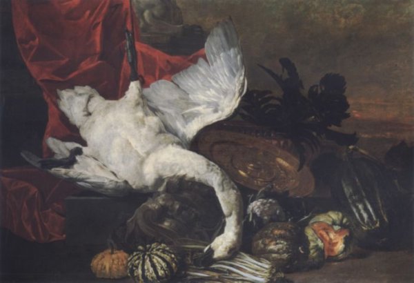 Elaborate still life with fruits, vegetables, a salver and a swan before a draped pedestal, a landscape beyond