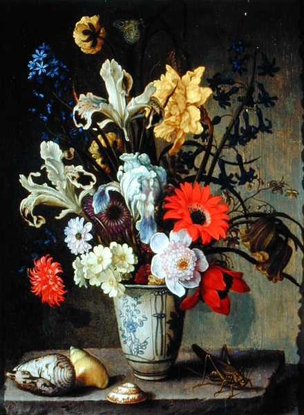 Floral Study with beaker, grasshopper and seashells