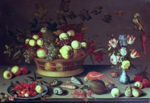 A Basket of Flowers with Shells on a Ledge