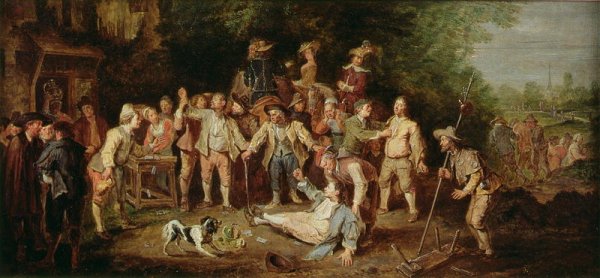 Peasants Brawling Outside a Tavern