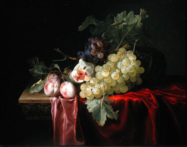 A still life with grapes, plums, figs and a melon on a partly draped stone ledge 1653