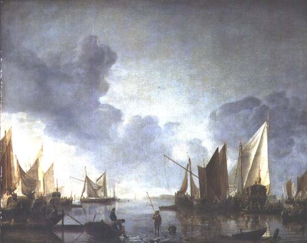 A calm, with a dignitary heralded in a state barge and fishermen in the foreground