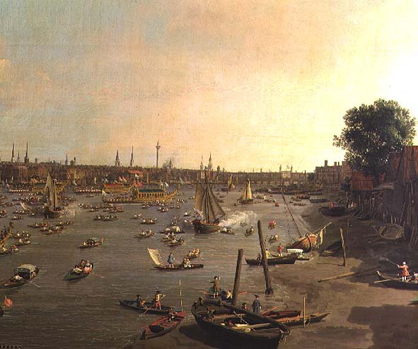 The River Thames with St. Paul's Cathedral on Lord Mayor's Day, detail of boats on the shore, c.1747-48